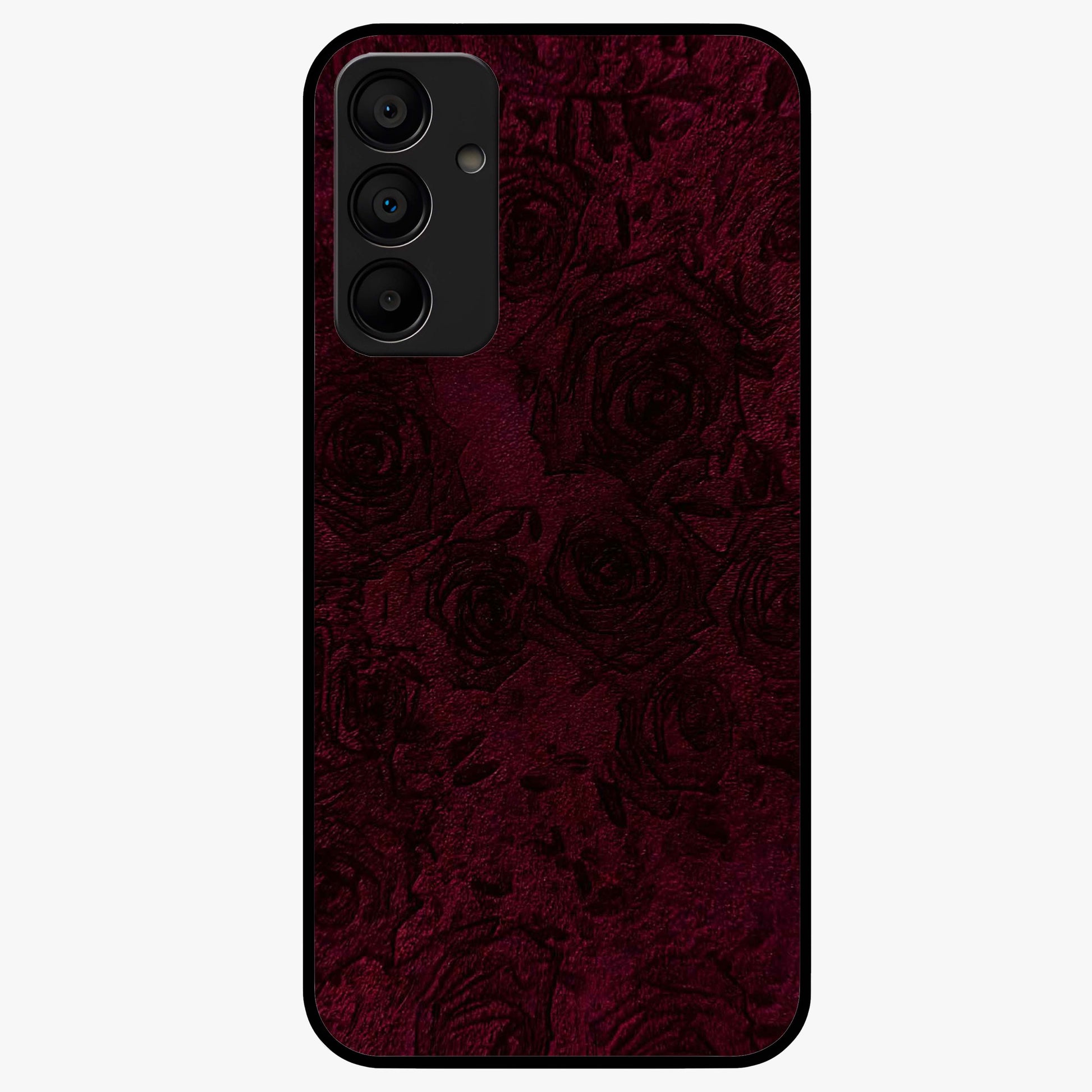 Crimson Fade Flow Glass Case showing flat back view with flowing crimson gradient artwork and glossy glass finish.