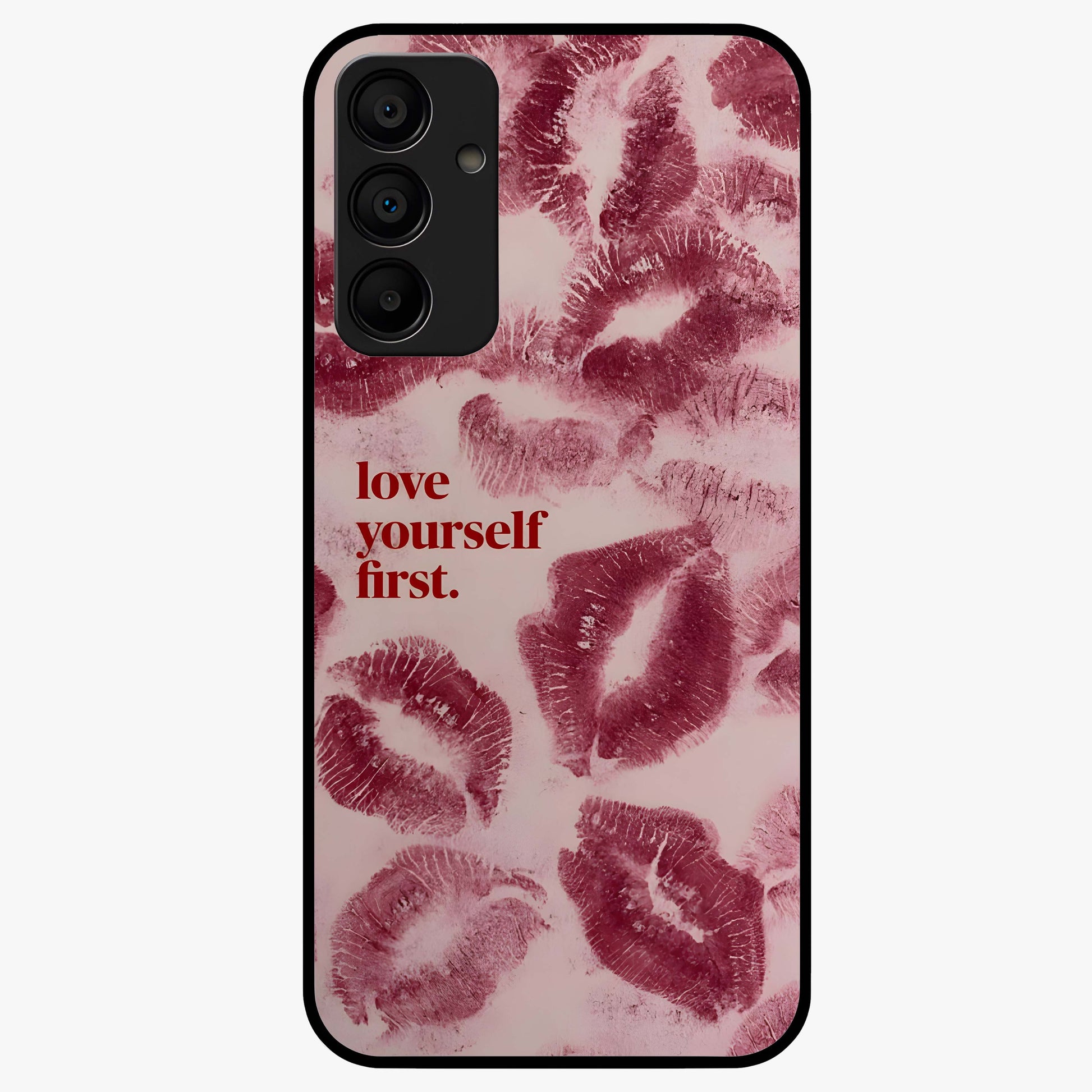 Crimson Kiss Love Glass Case showing flat back view with romantic crimson themed artwork and glossy glass finish.