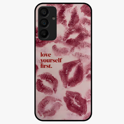 Crimson Kiss Love Glass Case showing flat back view with romantic crimson themed artwork and glossy glass finish.