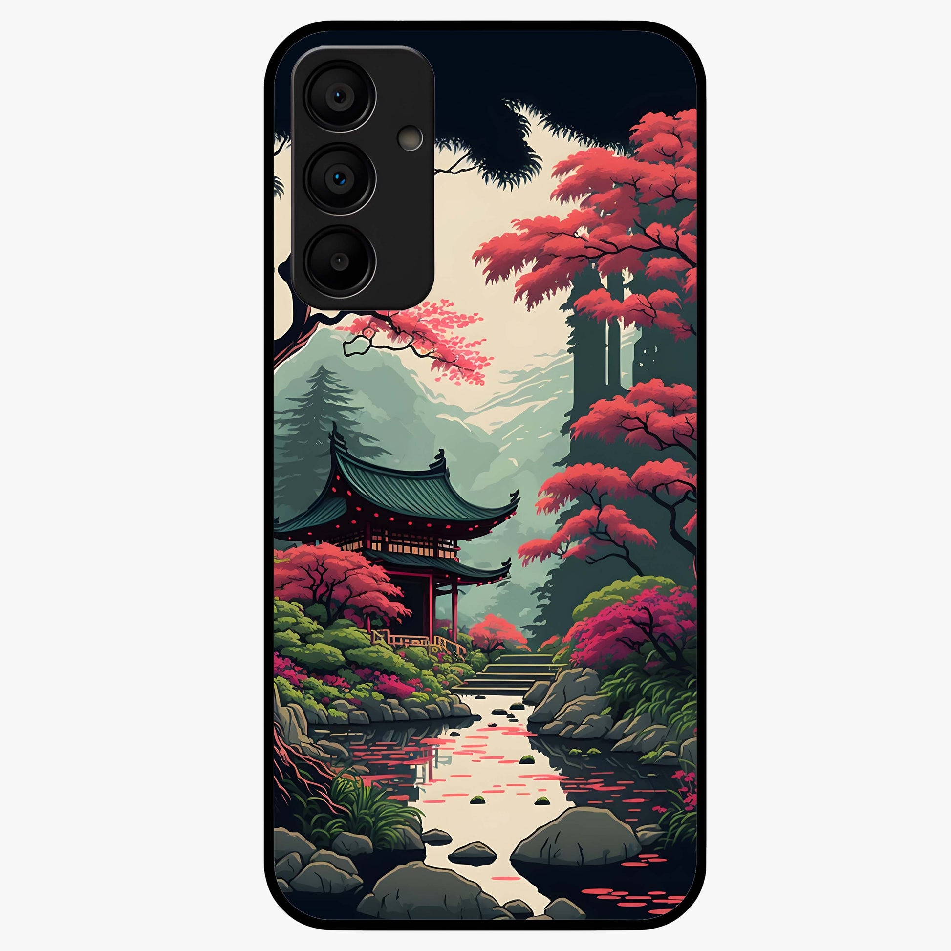 Crimson Temple View Glass Case showing flat back view with temple inspired artwork and glossy glass finish.