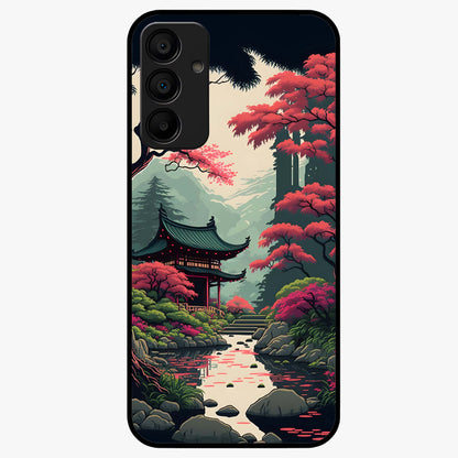 Crimson Temple View Glass Case showing flat back view with temple inspired artwork and glossy glass finish.