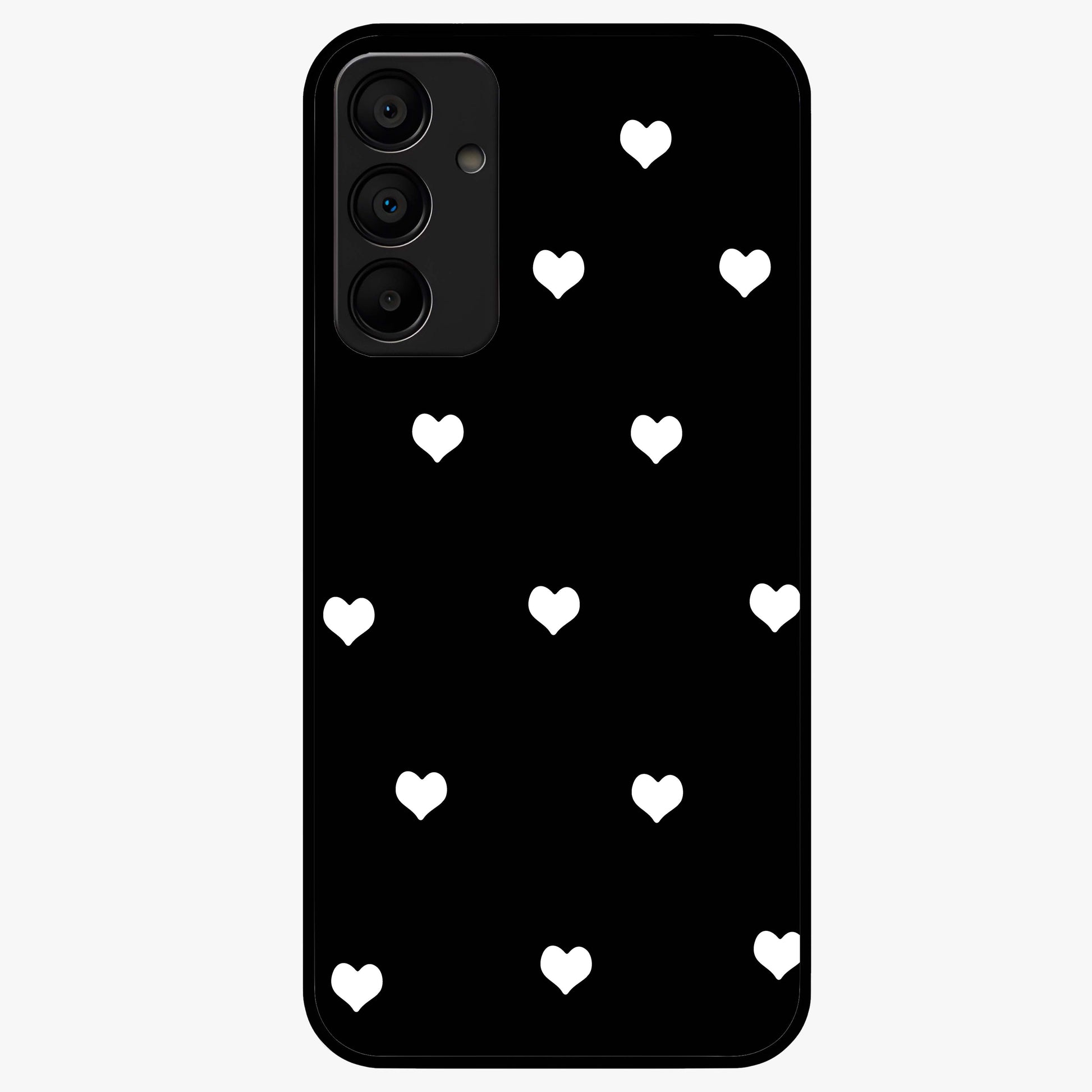 Cute And Simple White Hearts Glass Case showing flat back view with minimal white heart pattern and glossy glass finish.