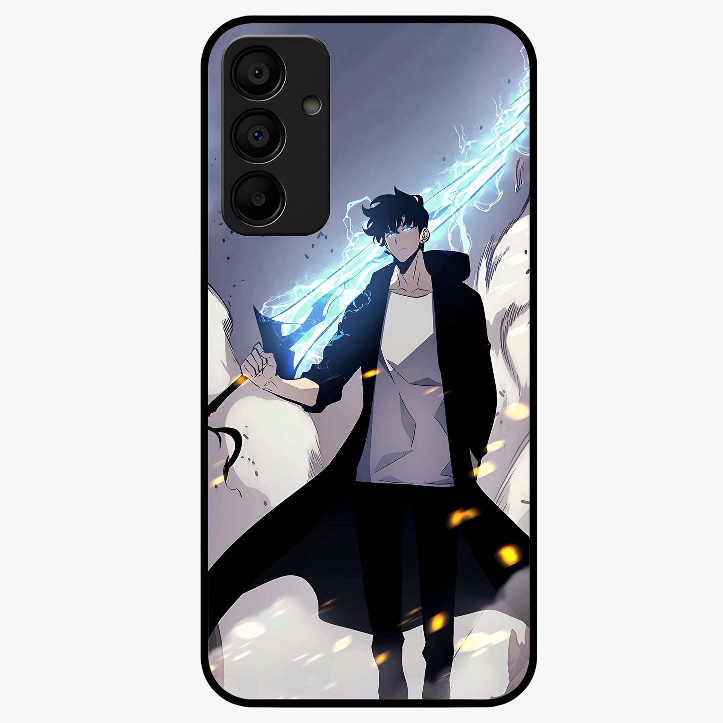 Dark Lightning Anime Warrior Glass Case showing flat back view with intense anime warrior artwork and glossy glass finish.
