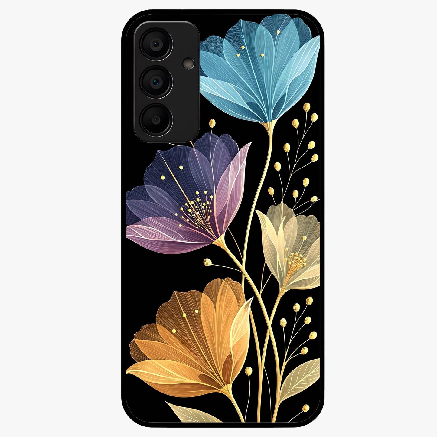 Delicate Multicolor Flowers Glass Case showing flat back view with vibrant floral artwork and glossy glass finish.