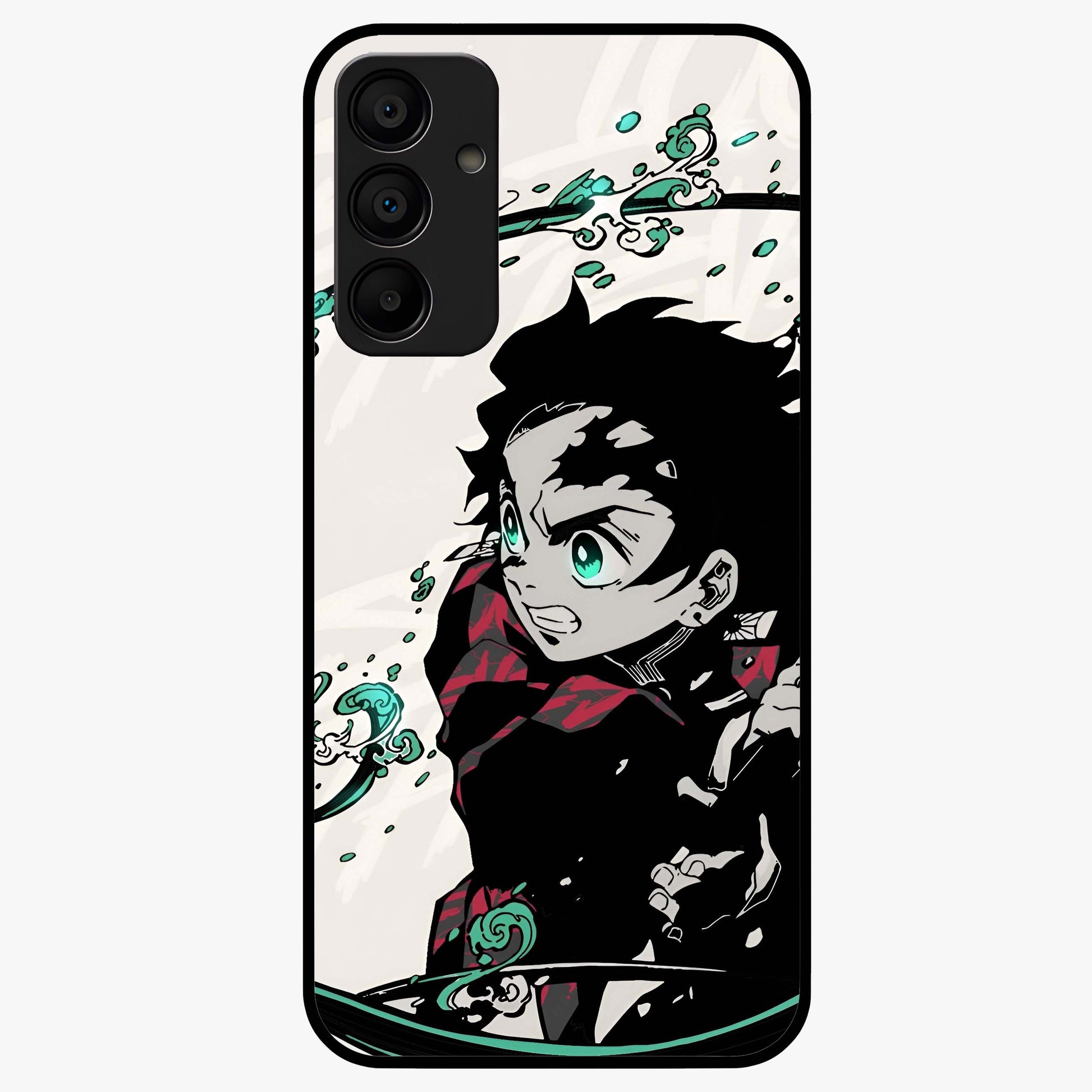 Demon Slayer Glass Case showing flat back view with bold anime inspired artwork and glossy glass finish.