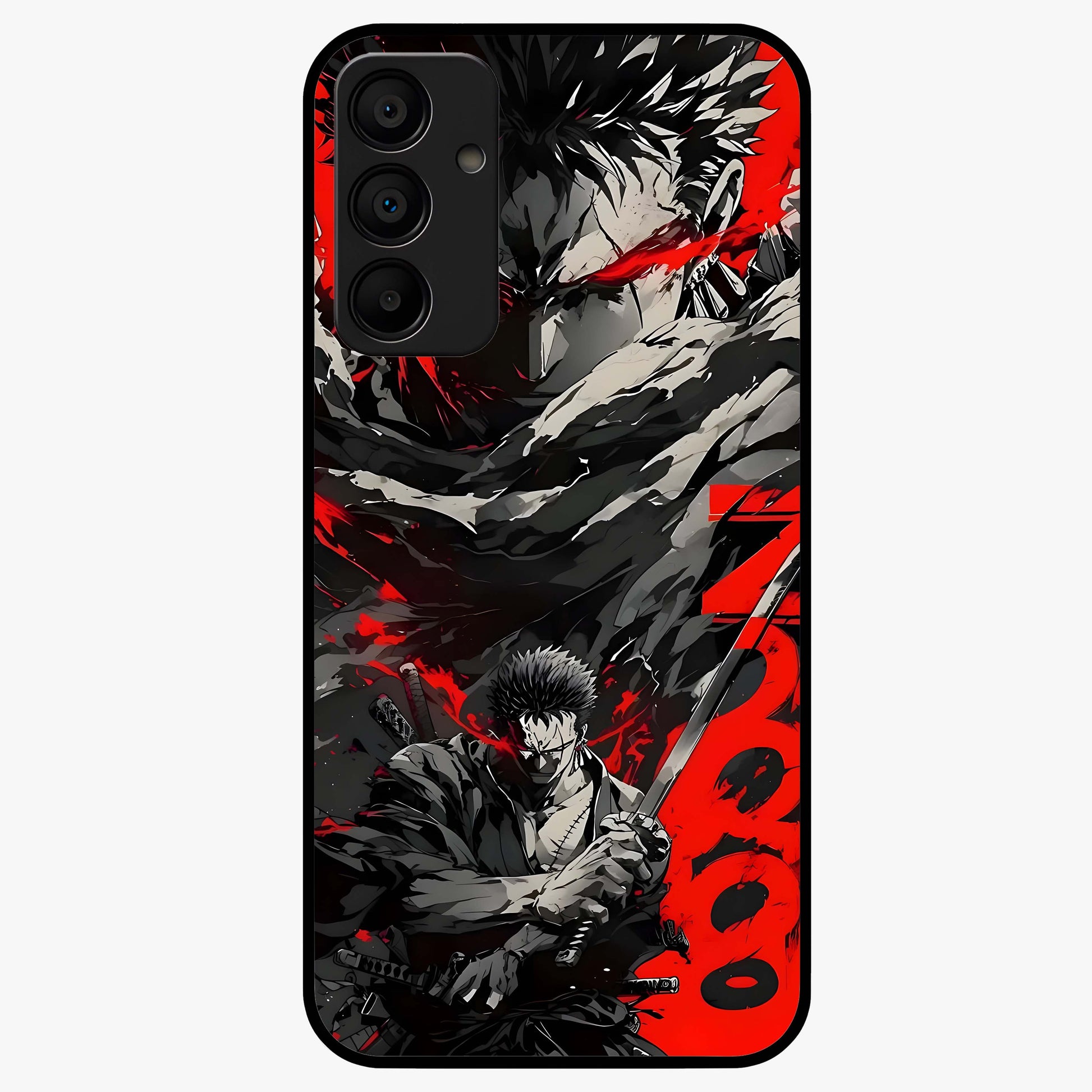 Demon Sword Resolve Glass Case showing flat back view with fierce sword warrior artwork and glossy glass finish.
