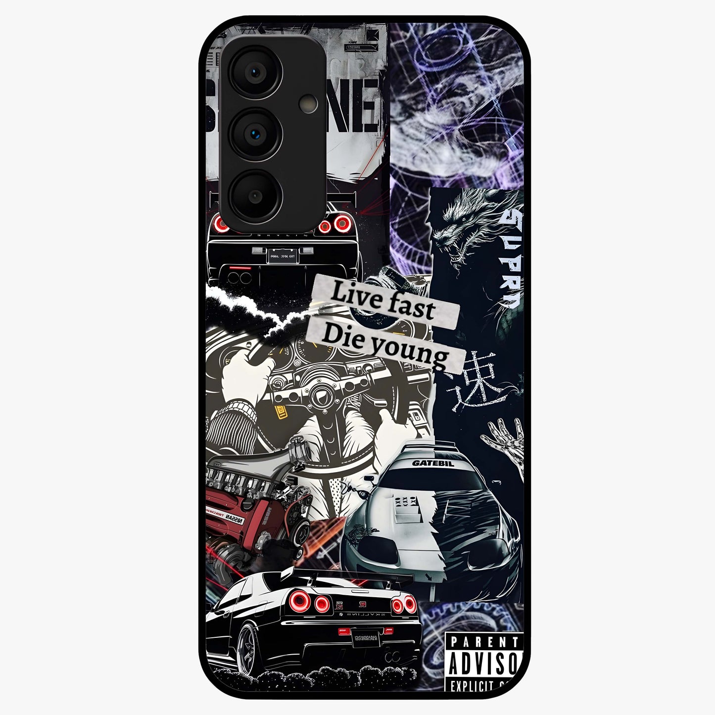 Die Young Glass Case showing flat back view with bold artistic typography design and glossy glass finish.