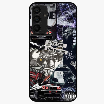 Die Young Glass Case showing flat back view with bold artistic typography design and glossy glass finish.