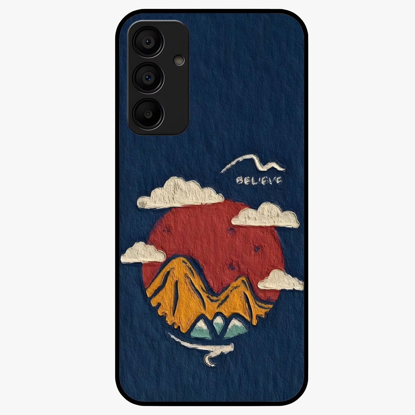 Dream Beyond Mountains Glass Case showing flat back view with scenic mountain landscape artwork and glossy glass finish.
