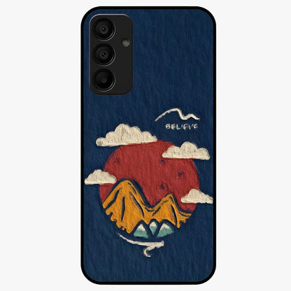 Dream Beyond Mountains Glass Case showing flat back view with scenic mountain landscape artwork and glossy glass finish.