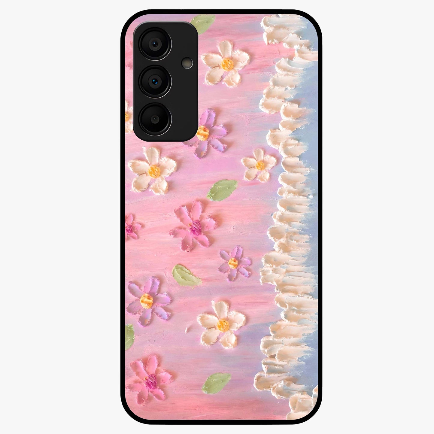 Dreamy Painted Garden Glass Case showing flat back view with artistic painted floral garden artwork and glossy glass finish.