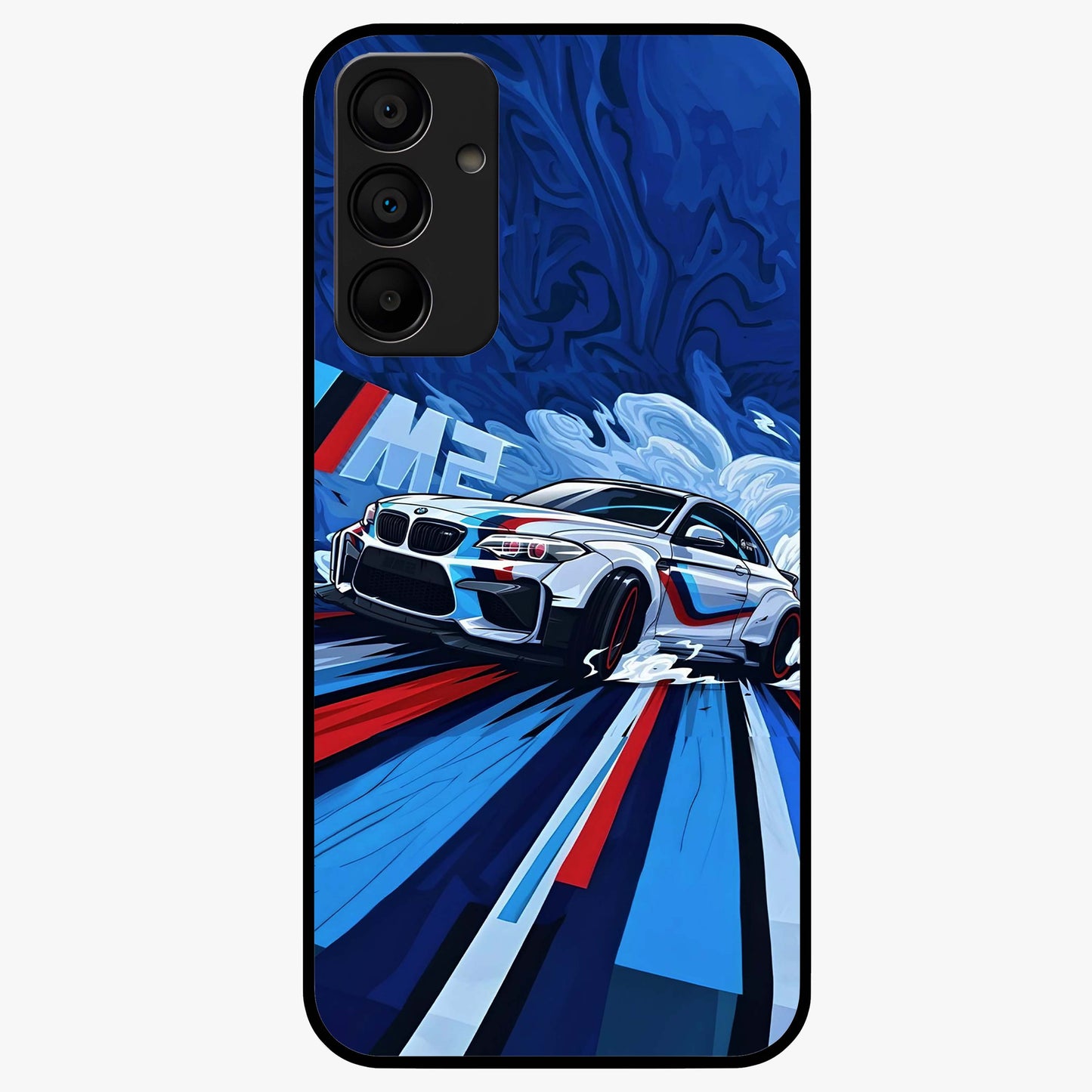 Drift Power Rush Glass Case showing flat back view with dynamic racing inspired artwork and glossy glass finish.