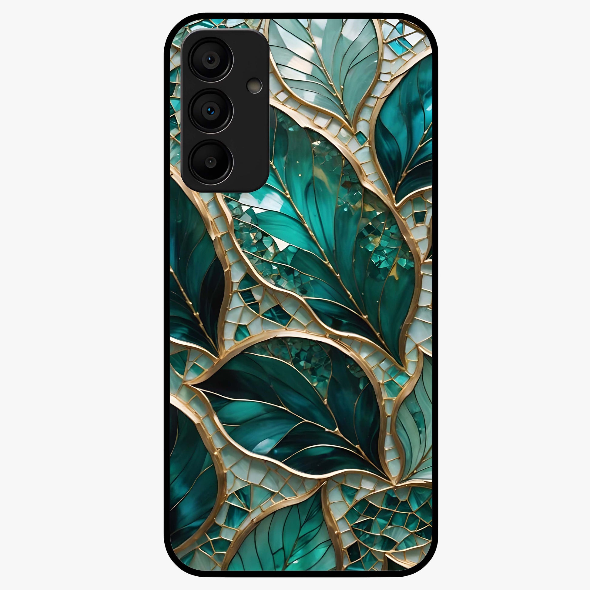 Emerald Leaf Glass Glass Case showing flat back view with emerald green leaf artwork and glossy glass finish.
