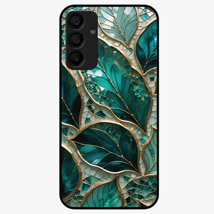 Emerald Leaf Glass Glass Case showing flat back view with emerald green leaf artwork and glossy glass finish.