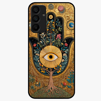 Ethereal Evil Eye Glass Case showing flat back view with mystical evil eye artwork and glossy glass finish.