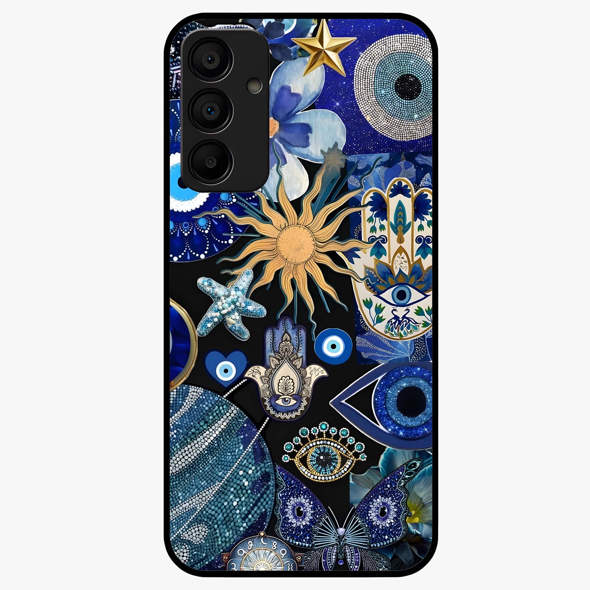 Evil Eye Charm Mix Glass Case showing flat back view with multiple evil eye charms artwork and glossy glass finish.