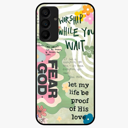 Faith Over Fear Glass Case showing flat back view with motivational typography artwork and glossy glass finish.