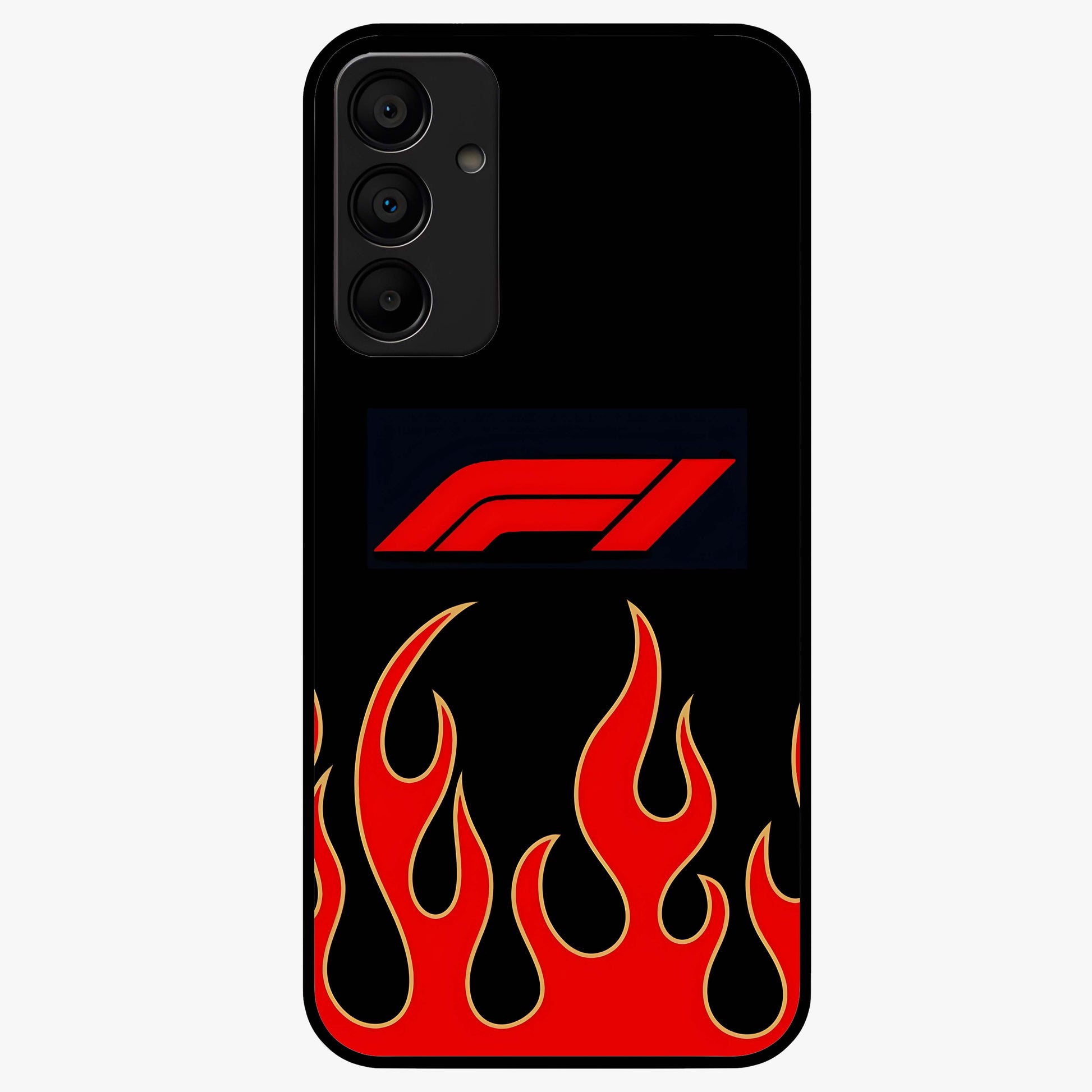 Fire F11 Glass Case showing flat back view with fiery themed artwork and glossy glass finish.
