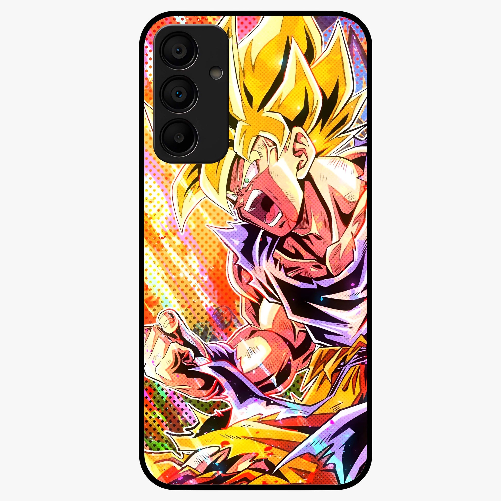 Firing Goku Glass Case showing flat back view with powerful anime inspired artwork and glossy glass finish.