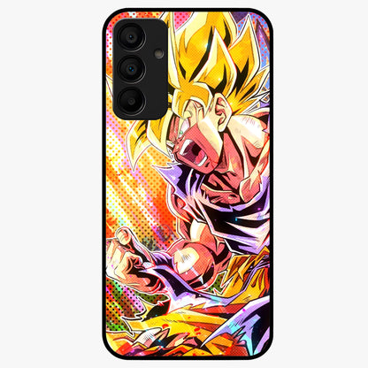 Firing Goku Glass Case showing flat back view with powerful anime inspired artwork and glossy glass finish.