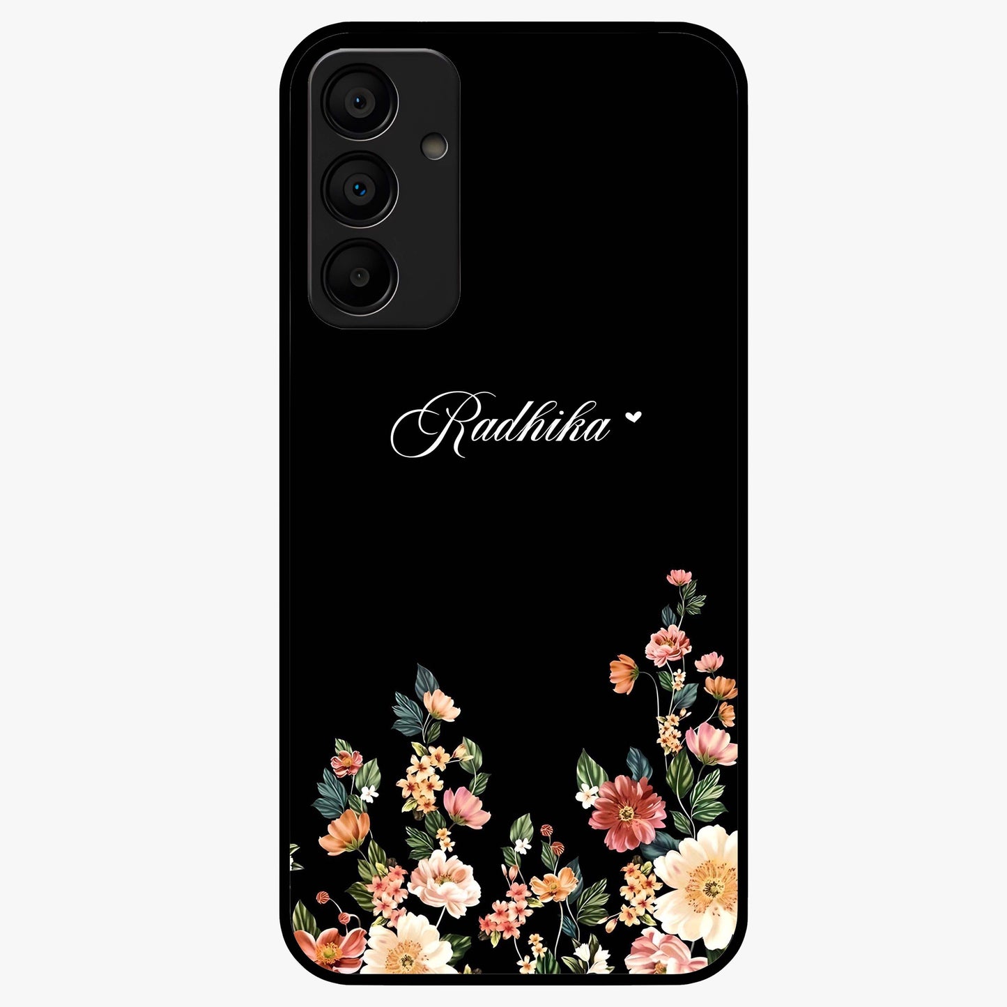 Floral Design With a Custom Personalized Name Glass Case showing flat back view with floral artwork and personalized name design.