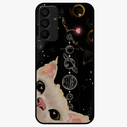 Galactic Cat Glass Case showing flat back view with cosmic cat artwork and glossy glass finish.