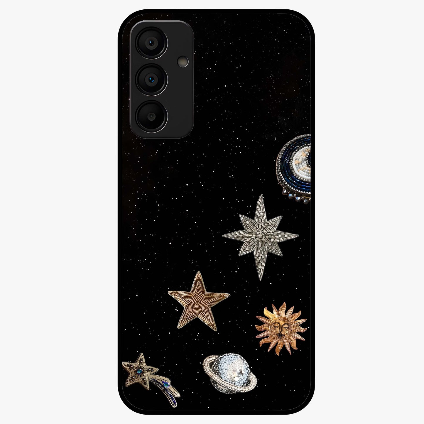 Galactic Charm Glow Glass Case showing flat back view with glowing celestial charm artwork and glossy glass finish.