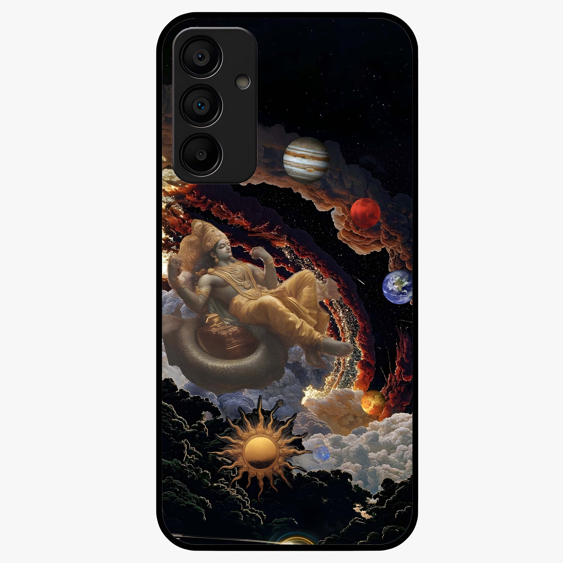 Galactic Divine God Glass Case showing flat back view with divine cosmic themed artwork and glossy glass finish.
