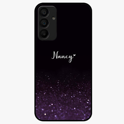 Glittery Purple Bokeh Custom Name Glass Case showing flat back view with purple bokeh sparkle artwork and personalized name design.