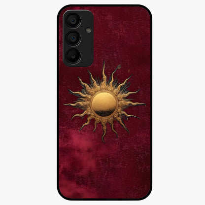Gold Sun Blush Glass Case showing flat back view with golden sun inspired artwork and glossy glass finish.