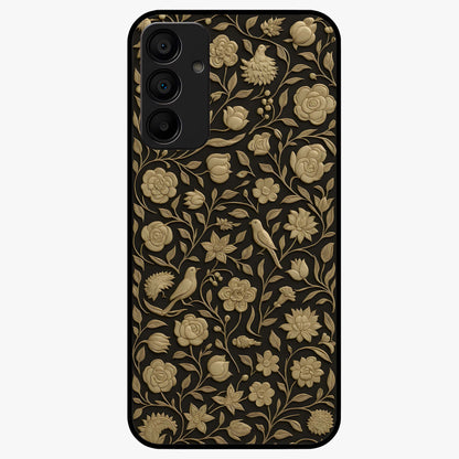 Golden Floral Majesty Glass Case showing flat back view with luxurious golden floral artwork and glossy glass finish.