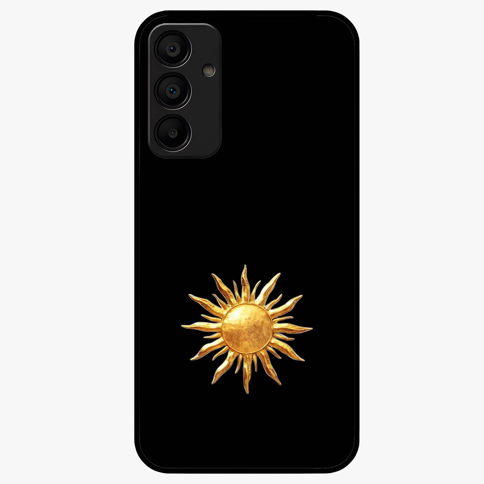 Golden Sun Minimalism Glass Case showing flat back view with minimal golden sun artwork and glossy glass finish.