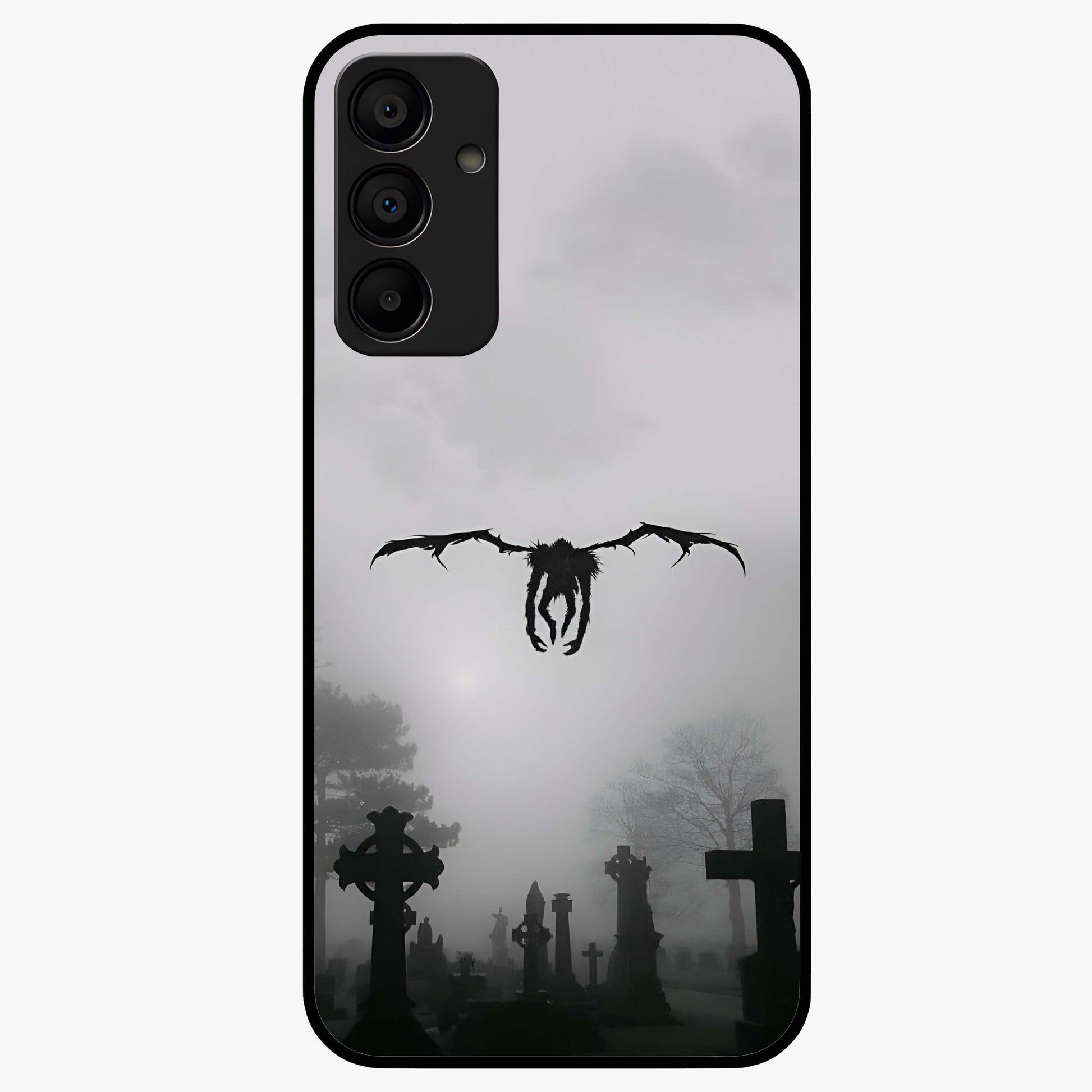 Graveyard Shadow Descent Glass Case showing flat back view with dark graveyard themed artwork and glossy glass finish.