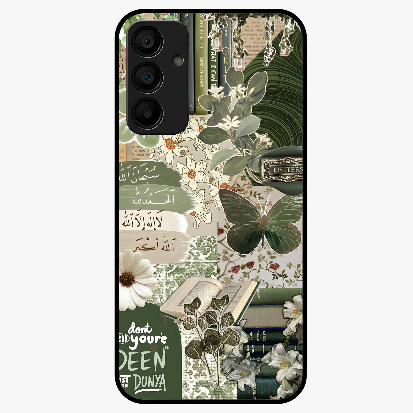 Green Islamic Books Quotes Glass Case showing flat back view with Islamic quotes and book themed artwork and glossy glass finish.