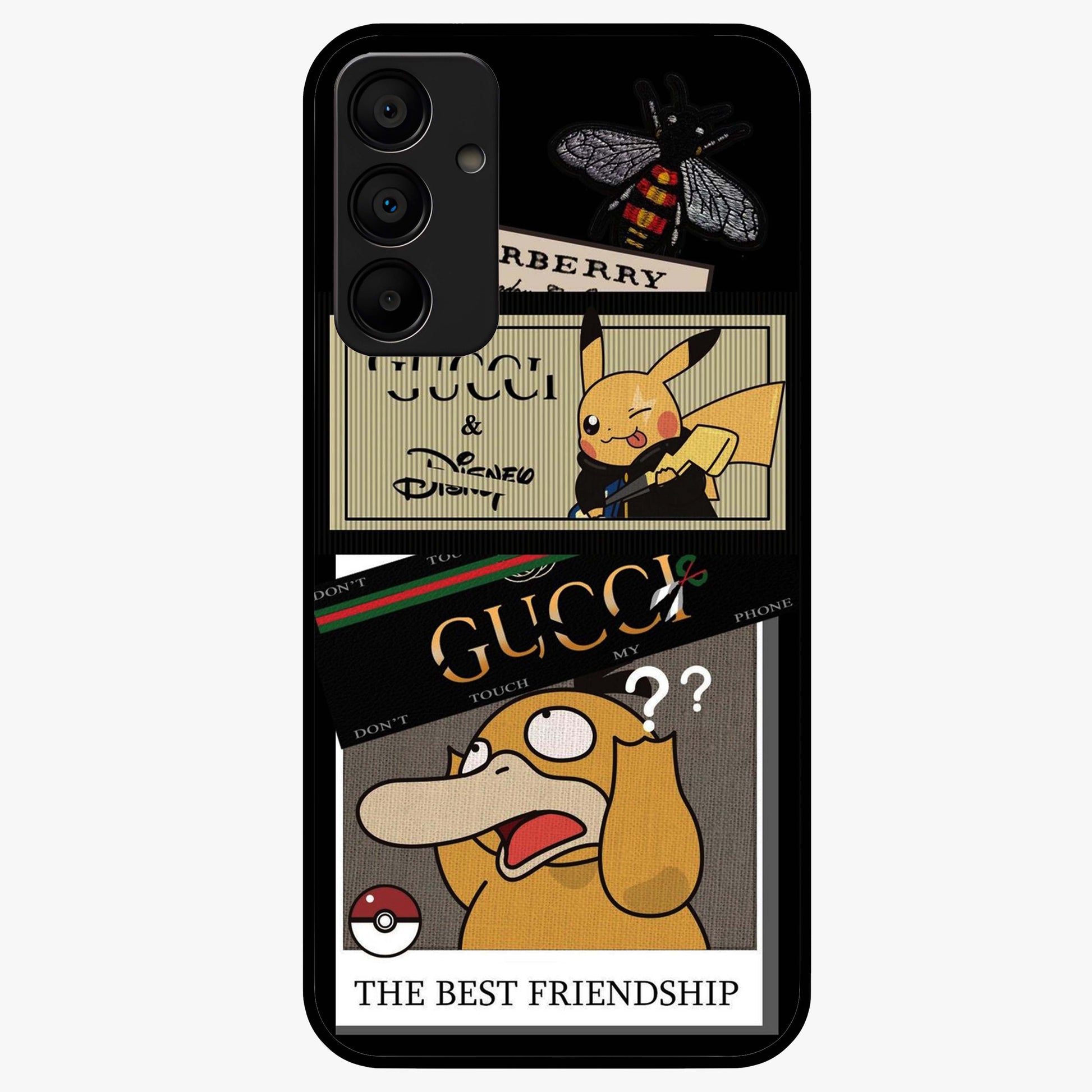 Gucci Play Mashup Glass Case showing flat back view with luxury inspired graphic artwork and glossy glass finish.