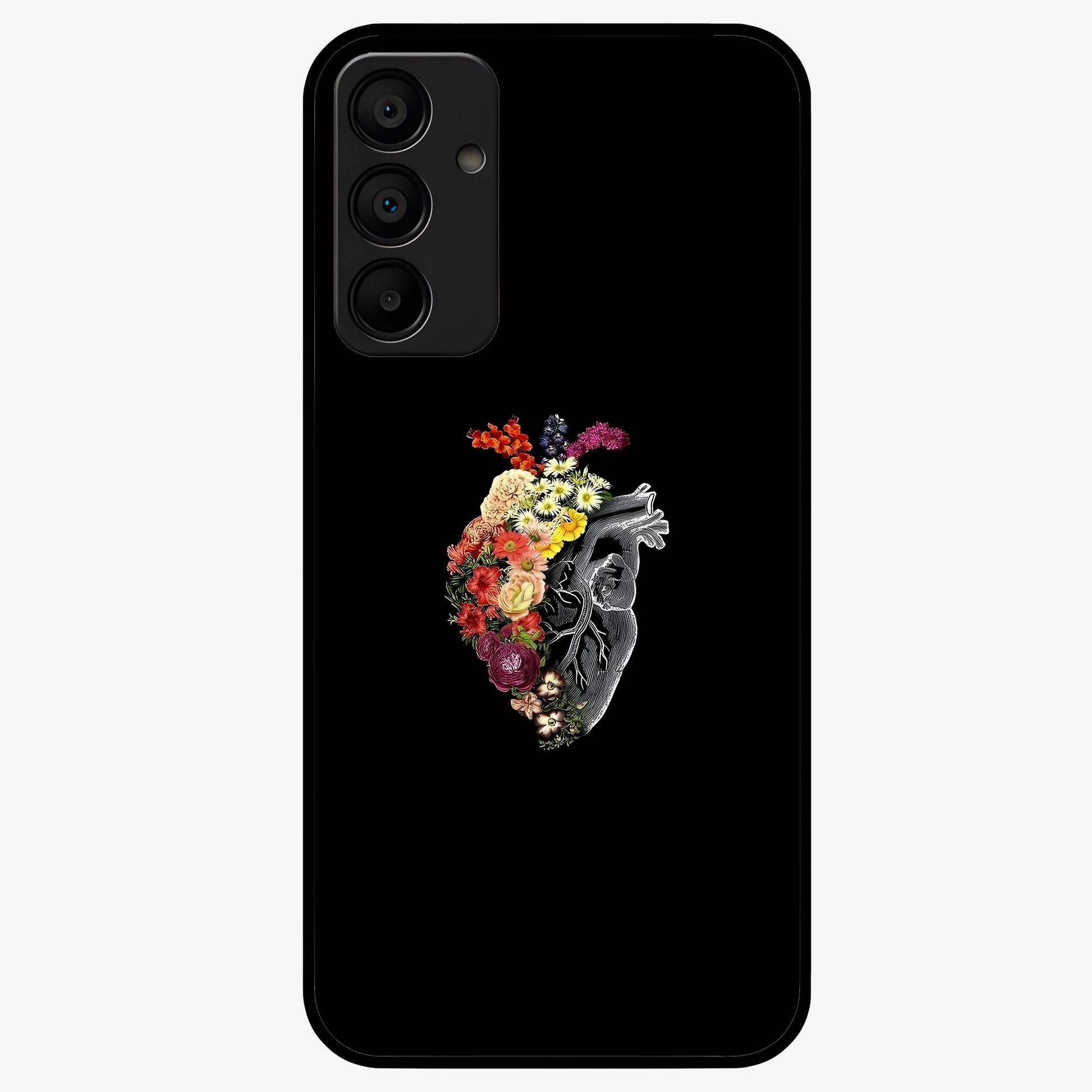 Heart With Flowers Glass Case showing flat back view with heart shaped floral artwork and glossy glass finish.