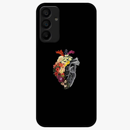Heart With Flowers Glass Case showing flat back view with heart shaped floral artwork and glossy glass finish.