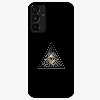 Illuminati Evil Glass Case showing flat back view with mysterious illuminati symbol artwork and glossy glass finish.