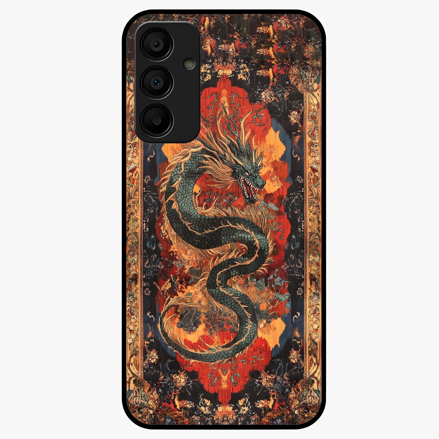 Inferno Dragon Soul Glass Case showing flat back view with fiery dragon artwork and glossy glass finish.