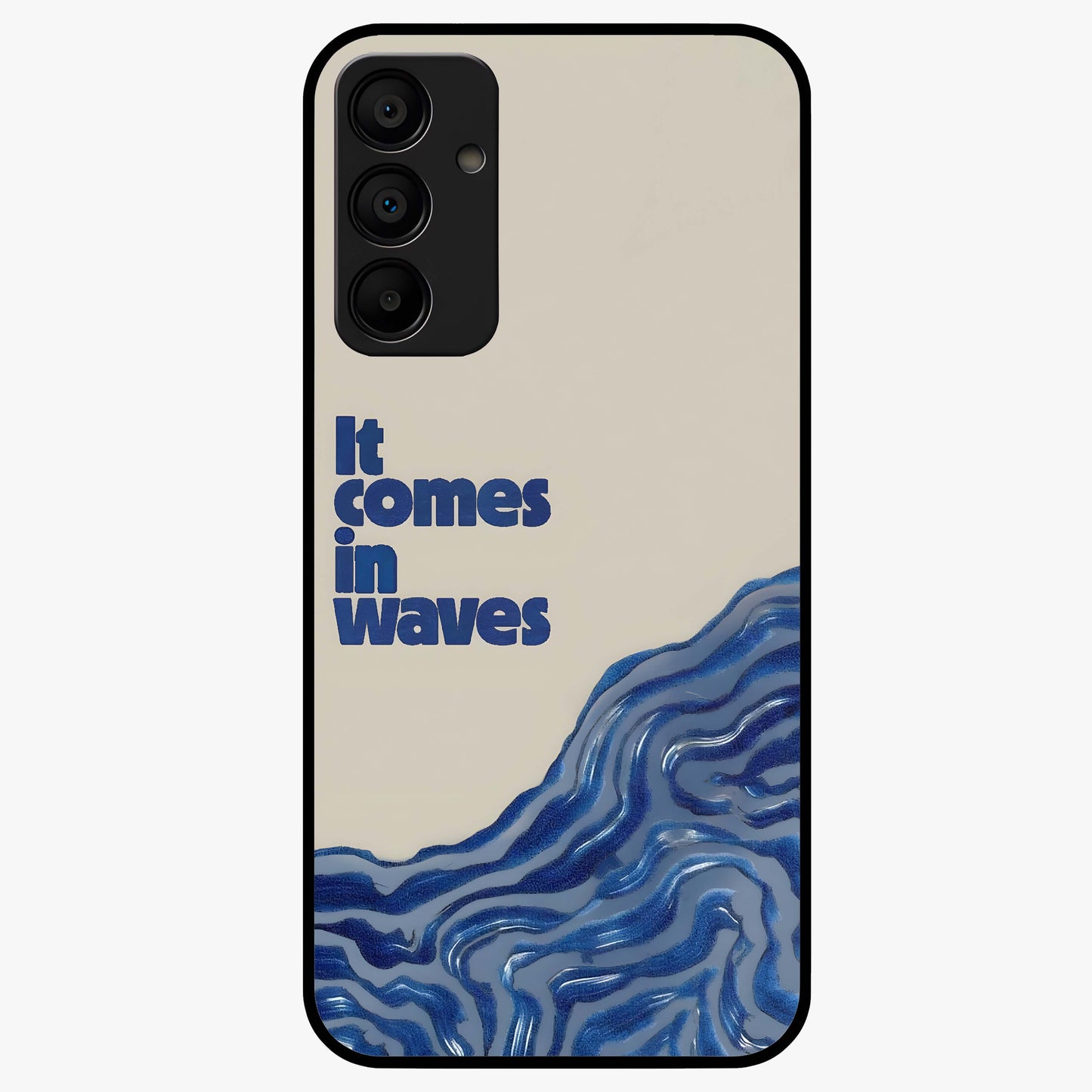 It Comes In Waves Quote Glass Case showing flat back view with inspirational wave themed quote artwork and glossy glass finish.