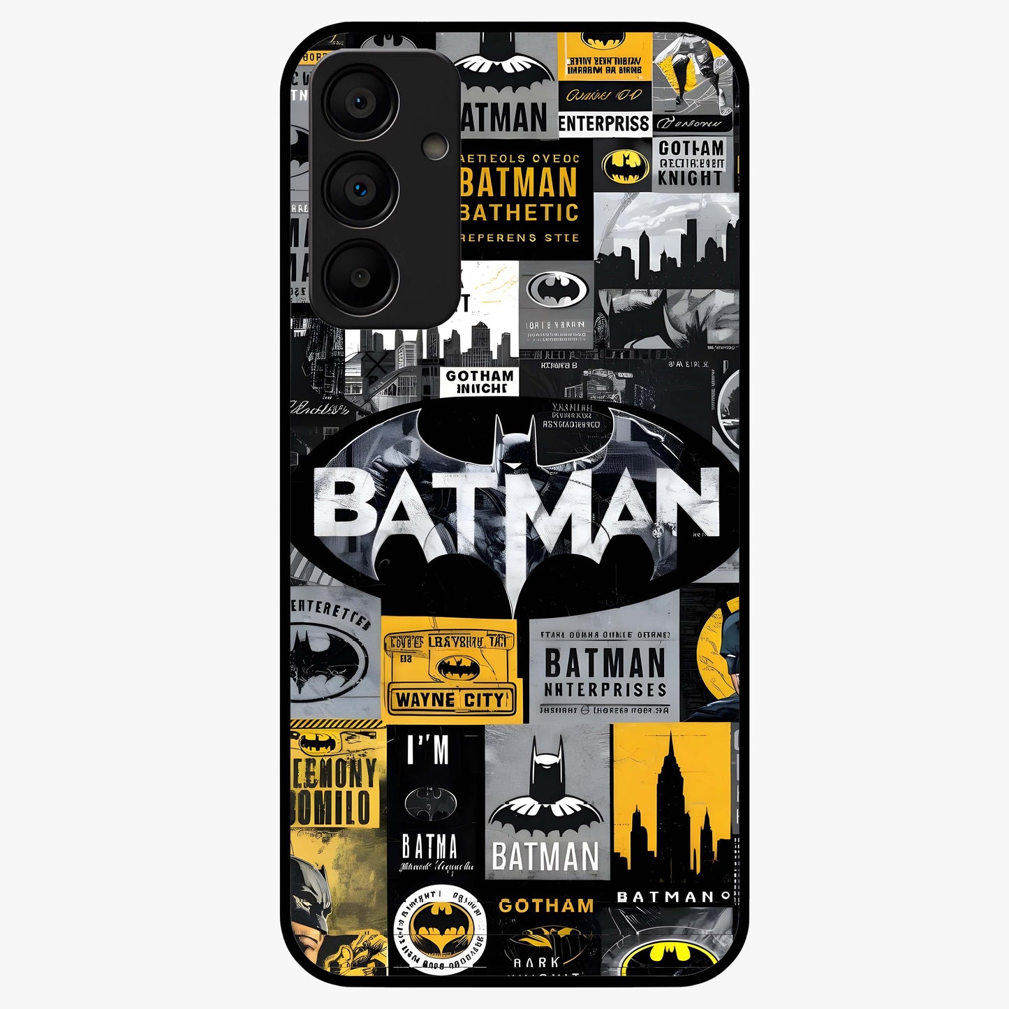 Knight Gotham Rise Glass Case showing flat back view with dark hero inspired artwork and glossy glass finish.