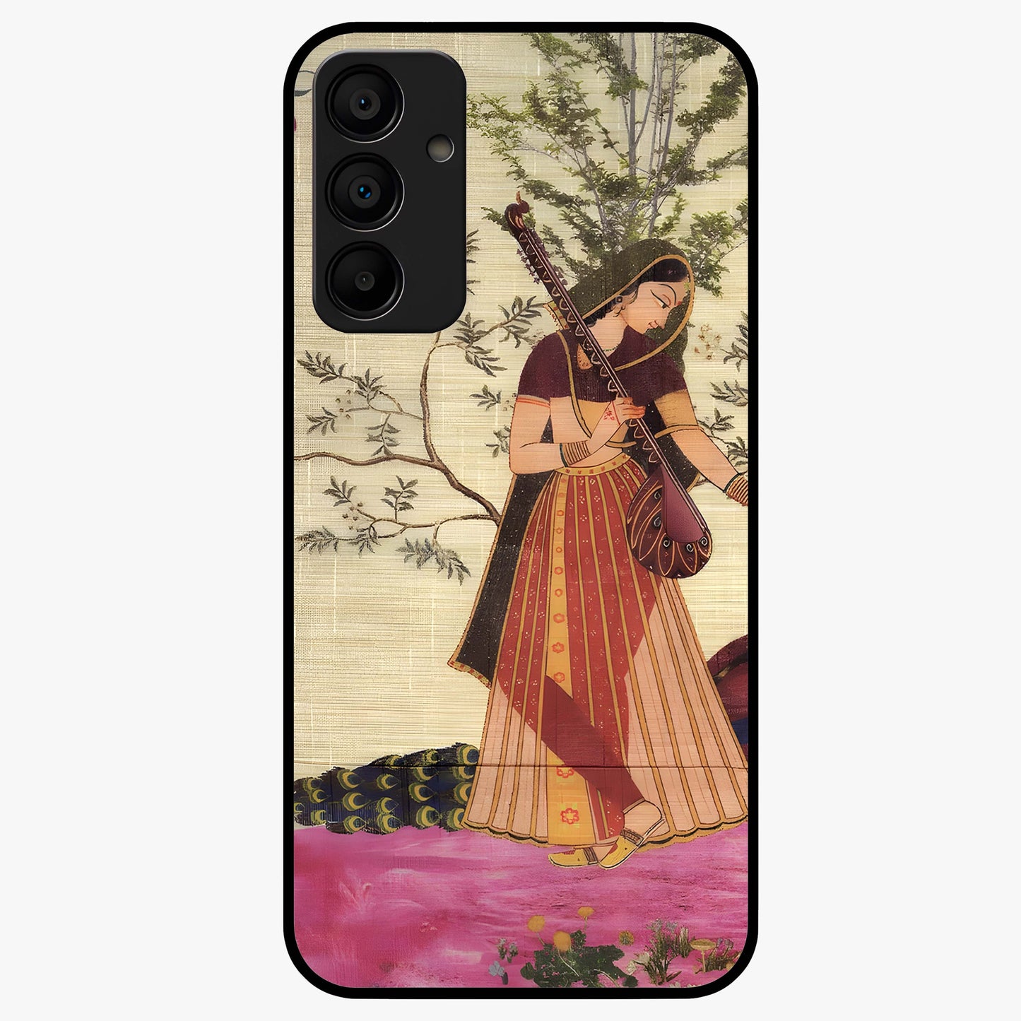 Lady With Veena Art Glass Case showing flat back view with elegant woman playing veena artwork and glossy glass finish.