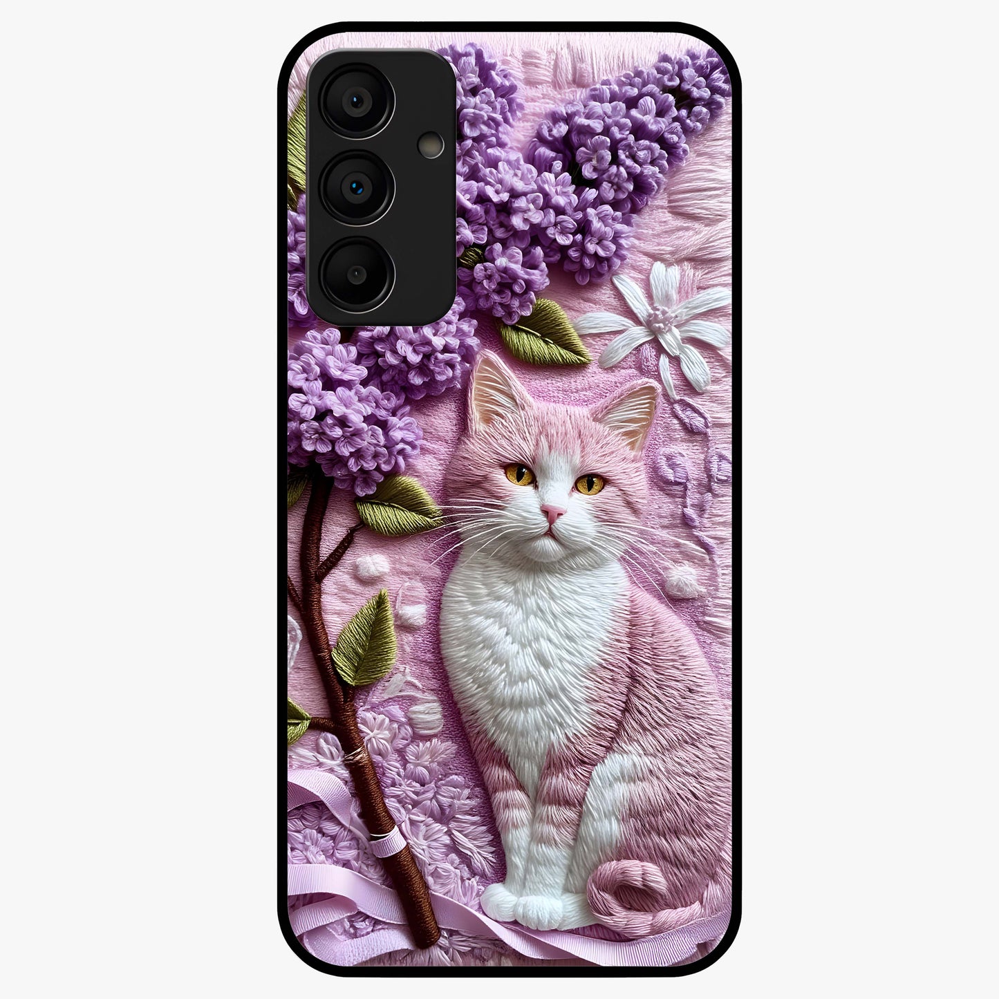 Lavender Cat Whimsy Glass Case showing flat back view with cute lavender cat artwork and glossy glass finish.