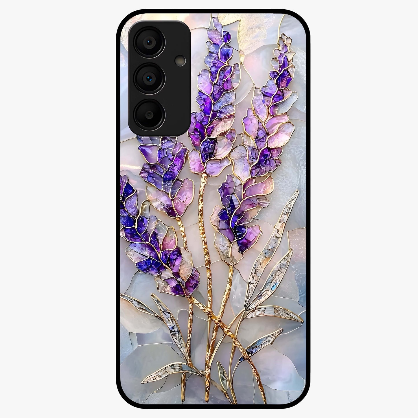 Lavender Dream Glow Glass Case showing flat back view with glowing lavender aesthetic artwork and glossy glass finish.