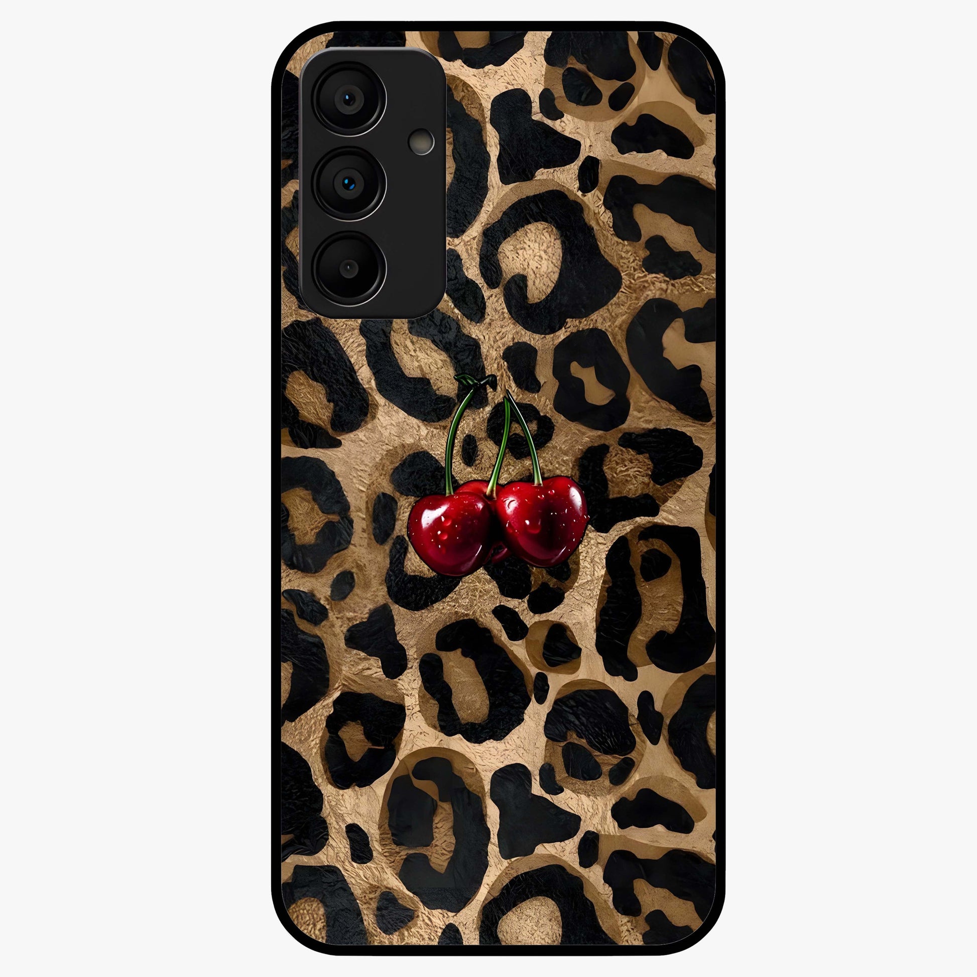Leopard Wild Cherry Glass Case showing flat back view with leopard pattern and cherry artwork and glossy glass finish.