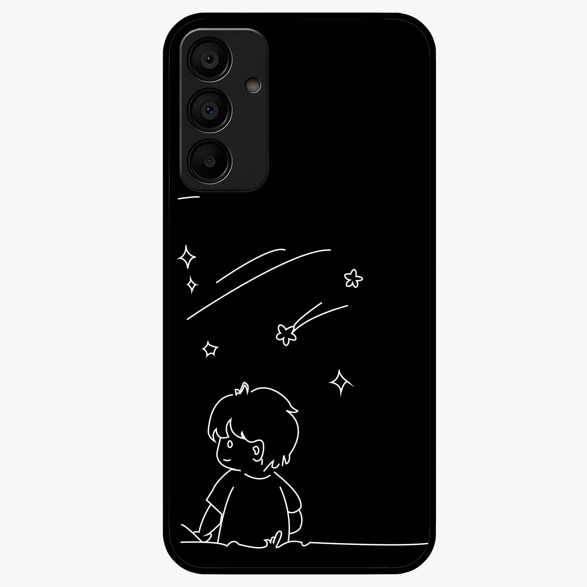 Line Art Boy With Shooting Stars Glass Case showing flat back view with minimal line art boy and shooting stars illustration and glossy glass finish.