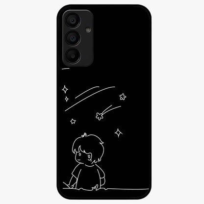 Line Art Boy With Shooting Stars Glass Case showing flat back view with minimal line art boy and shooting stars illustration and glossy glass finish.