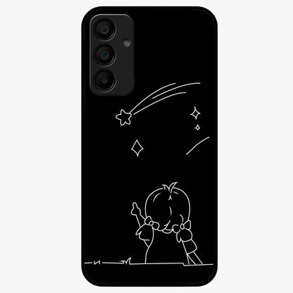 Line Art Girl With Shooting Stars Glass Case showing flat back view with minimal line art girl and shooting stars illustration and glossy glass finish.