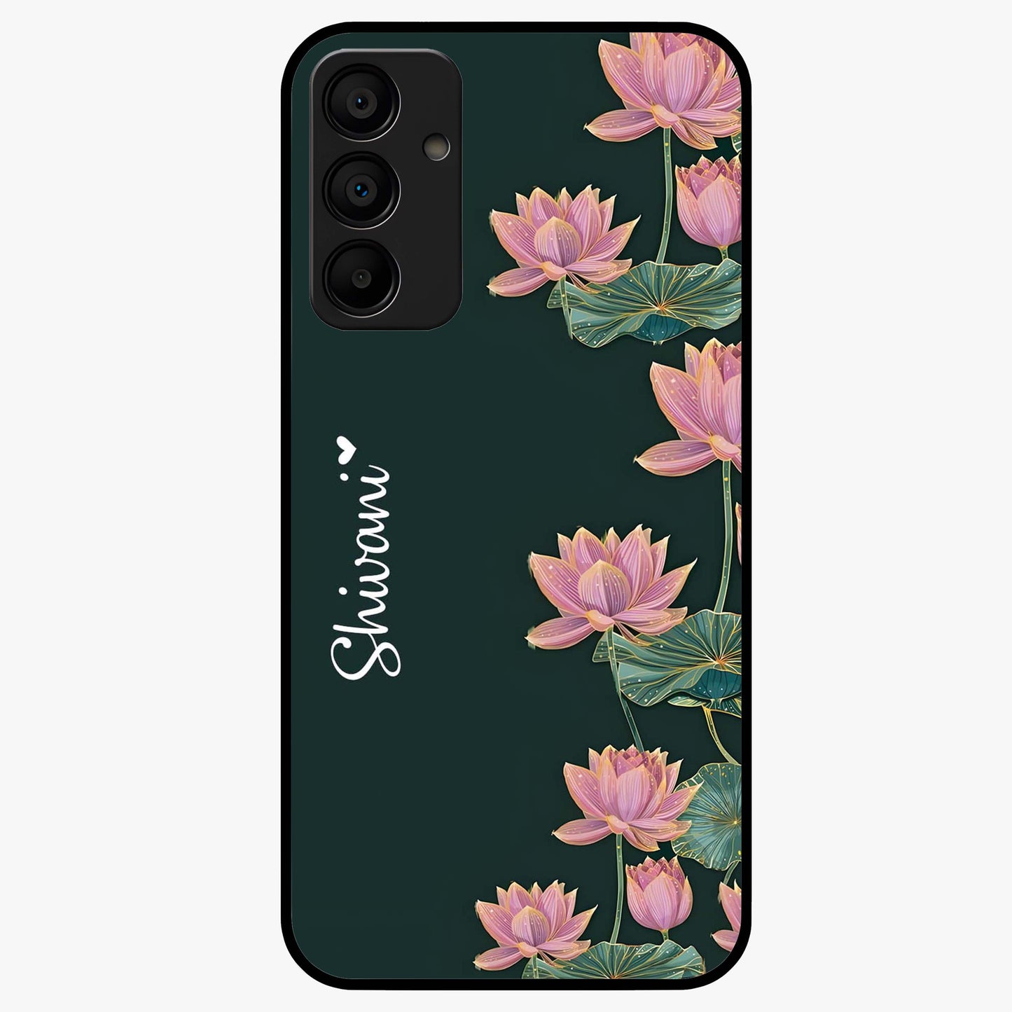 Lotus Bloom Serenity Custom Name Glass Case showing flat back view with elegant lotus flower artwork and personalized name design.