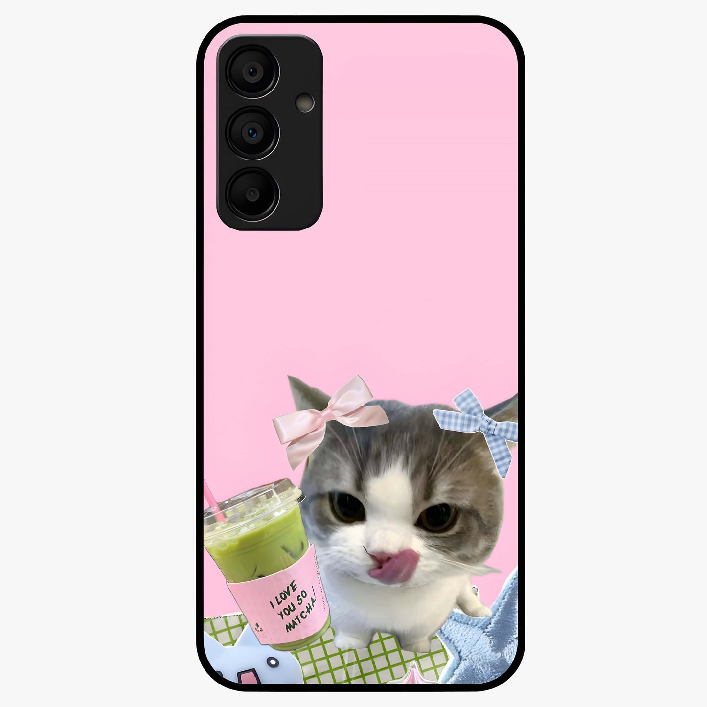 Love Matcha Cat Glass Case showing flat back view with cute cat and matcha themed artwork and glossy glass finish.